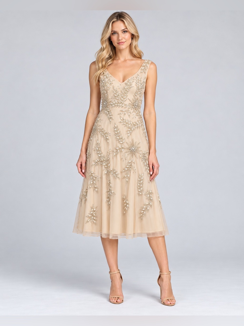 Aidan Mattox Size 12 Champagne Blush Beaded Embellished Midi Cocktail Dress NWT